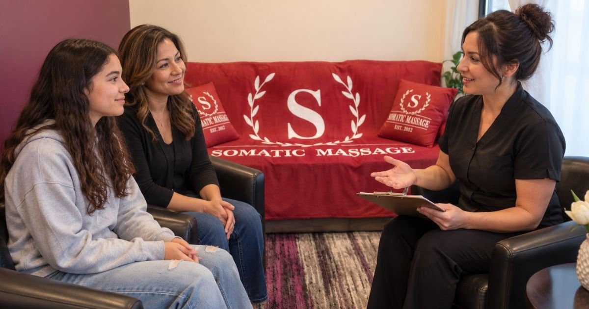 Teen massage consultation with a parent and licensed massage therapist at Somatic Massage Therapy & Spa in Floral Park, NY.