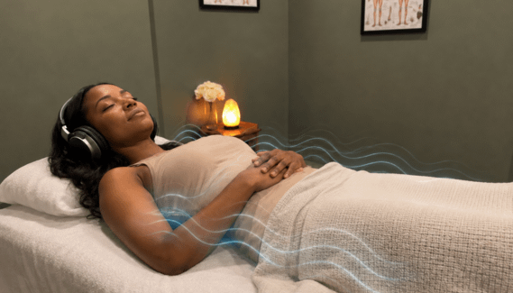 Vibroacoustic Therapy relaxation session in a Somatic Massage Therapy & Spa treatment room in Floral Park NY