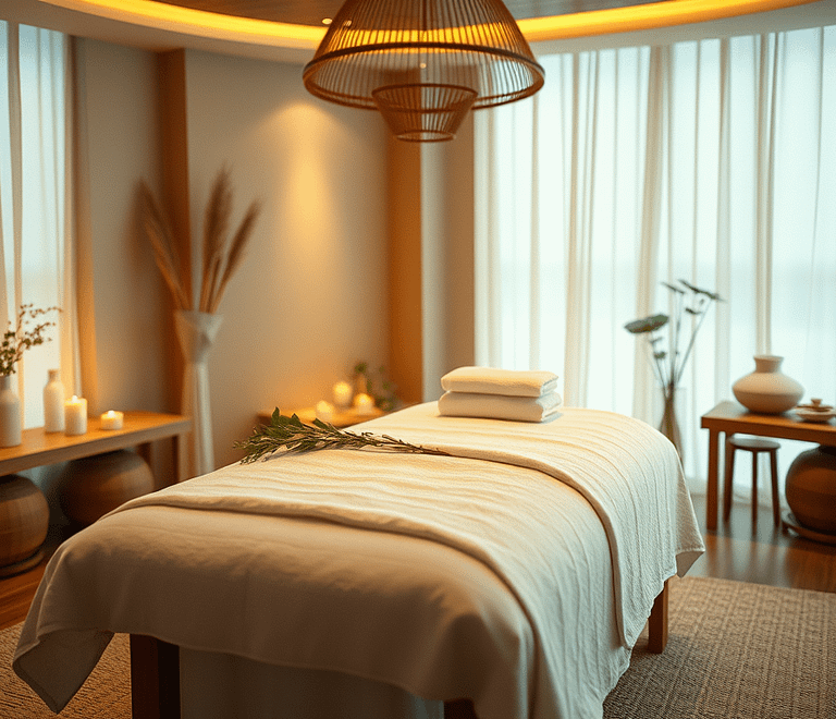 Serene spa treatment room with massage table and calming decor for intergrative holistic wellness treatments