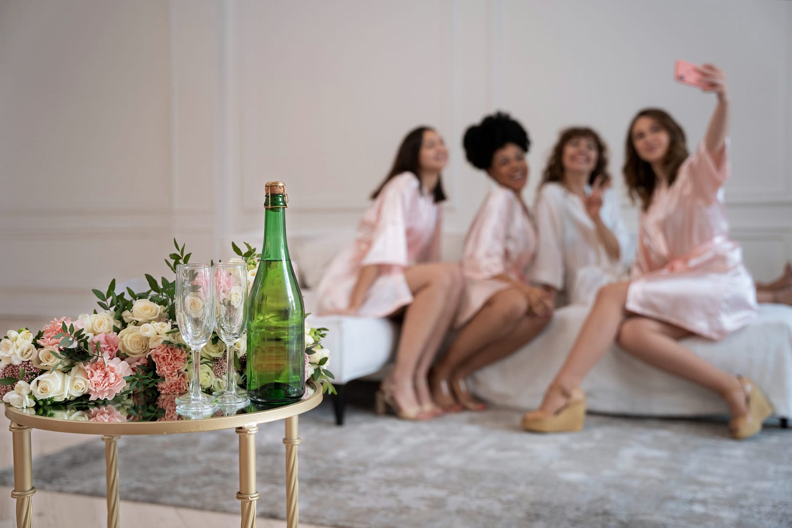 bridesmaids sitting on the couch at a massage day spa-Bachelorette party ideas