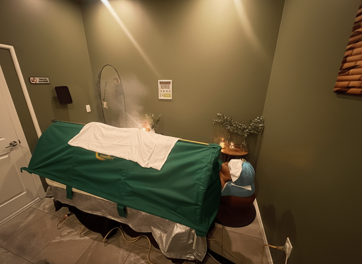 person laying on massage table with a gren steam tent covering them