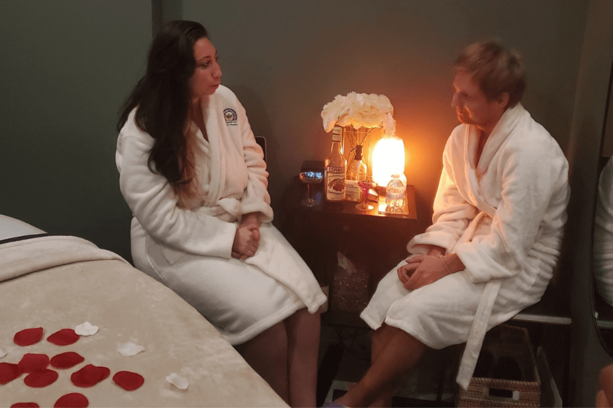 Couples in robes at the spa