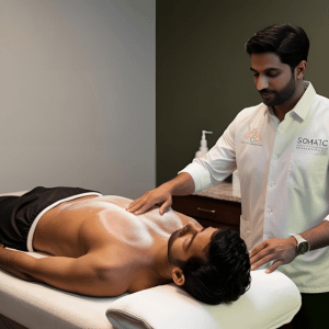 Man putting sugar on mans chest at the spa